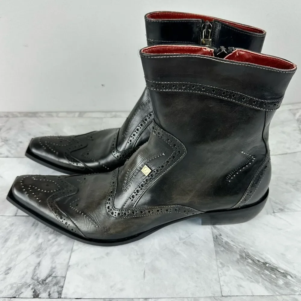 Black Leather Wingtip Ankle Boots with Side Zip